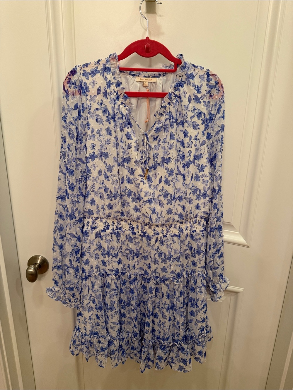 Skies Are Blue White and Blue Floral Long-Sleeve Tiered Dress